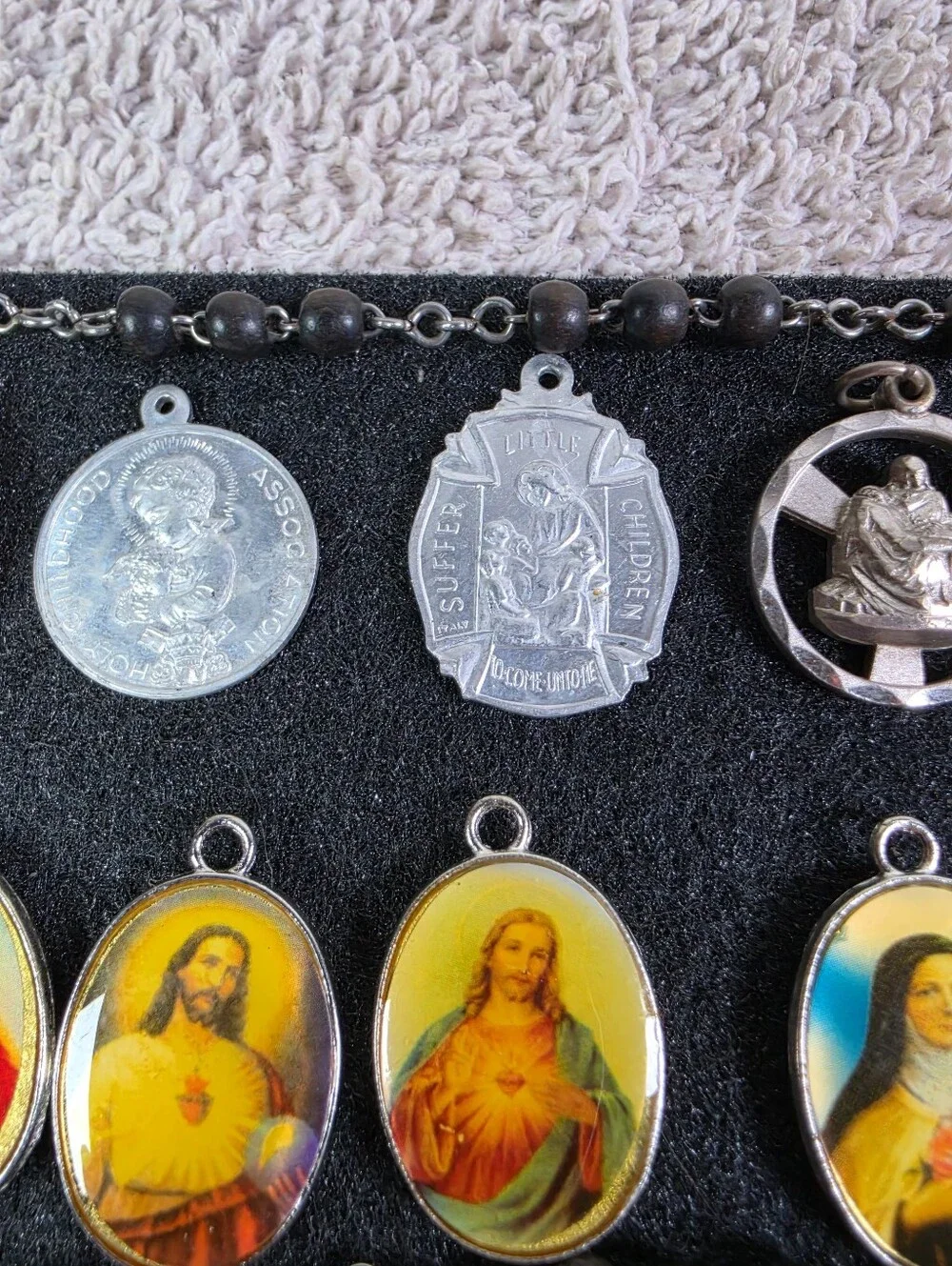 Religious Medal Rosary Necklace with Multi-Color Saint Medallions